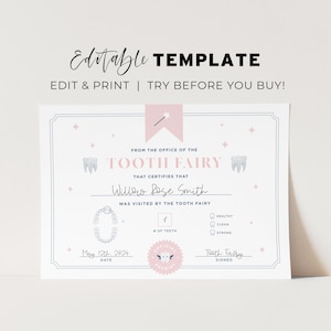 Certificado editável da fada do dente, modelo de nota da fada do dente rosa bebê Mini carta | MODELO EDITÁVEL