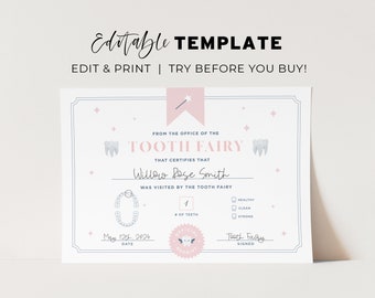 Editable Tooth Fairy Certificate, Baby Pink Tooth Fairy Note Template Mini letter | EDITABLE TEMPLATE