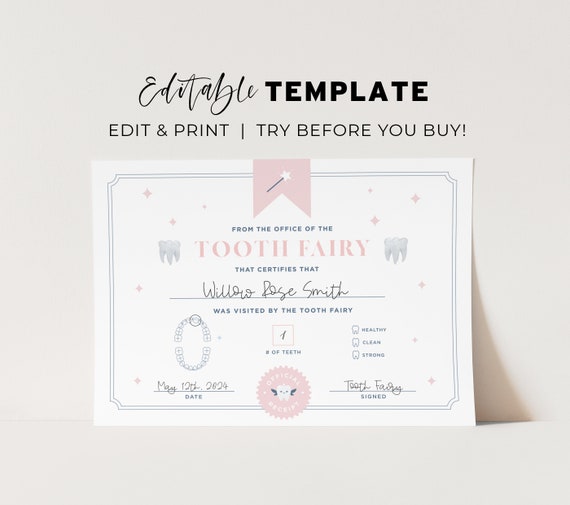 Editable Tooth Fairy Certificate, Baby Pink Tooth Fairy Note Template Mini letter | EDITABLE TEMPLATE