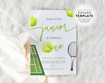 Minimalistische Tennis Thema 1. Geburtstag Party Einladen Vorlage, unser kleiner Junior wird Eins | EDITIERBARE VORLAGE #107