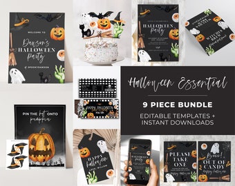 Watercolor Halloween  Party Bundle, Trick or Treat Bundle, Halloween Decorations, 9 Essential Party Printables | EDITABLE TEMPLATES #080