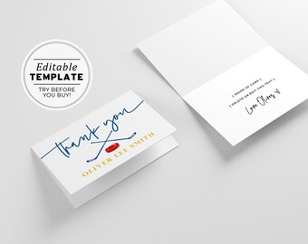 Minimalist Hockey Theme Thank You Card, Printable | EDITABLE TEMPLATE #101