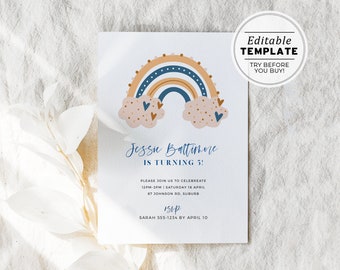 Boho Jessie Rainbow Birthday Party Birthday Invitation Template | EDITABLE TEMPLATE