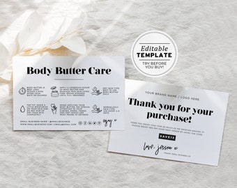 Minimalist Body Butter Thank You, Usage and Care Instructions with Icons, Package Insert | EDITABLE TEMPLATE #055 #043 Mr White