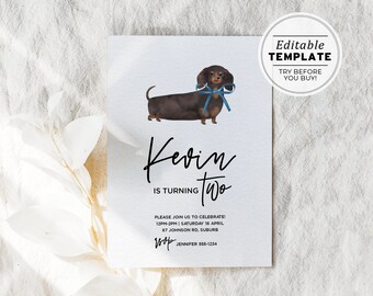 Minimalist Sausage Dog Birthday Party Birthday Invitation Template | EDITABLE TEMPLATE