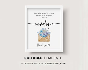 Write Your Address on Envelope Sign, Minimalist Bridal / Baby Shower Editable Template | EDITABLE TEMPLATE #028 Willow