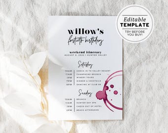 Weekend Itinerary Minimalist Hello 40 Red Wine Stain | EDITABLE TEMPLATE #066