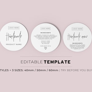 Plantilla de etiqueta de ingredientes, etiqueta de frasco redonda, etiqueta de producto, calcomanía para frasco, 3 tamaños + 3 estilos - 40 mm/50 mm/60 mm / PLANTILLA EDITABLE N.° 050 N.° 043