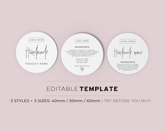 Ingredients Label Template, Round Jar Label, Product Label, Jar Sticker, 3 Sizes + 3 Styles - 40mm/50mm/60mm | EDITABLE TEMPLATE #050 #043