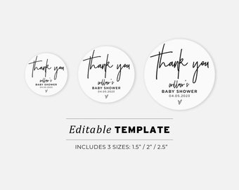 Juliette Minimalist Round Sticker Baby Shower Favor Template - 3 Sizes: 1.5"/2"/2.5" | EDITABLE TEMPLATE #004