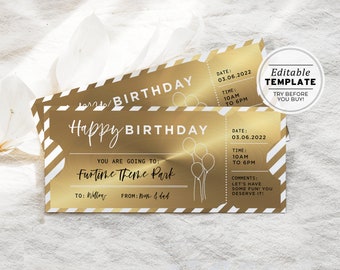 Printable Gold Theme Park Gift Voucher Birthday Gift Template, Surprise Gift Certificate | EDITABLE TEMPLATE #082