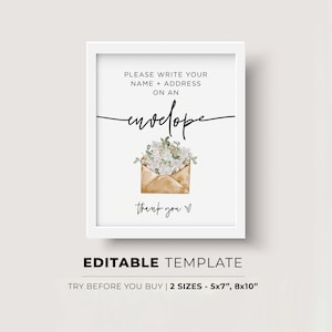 May include: Printable sign with a watercolor illustration of a brown envelope with white flowers. The text reads "Please write your name + address on an envelope. Thank you."