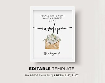 Write Your Address on Envelope Sign, Minimalist Bridal / Baby Shower Editable Template | EDITABLE TEMPLATE #028 Willow