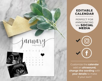 Pregnancy Announcement for Social Media, Pregnancy Announcement Digital, Calendar Announcement, Editable Template