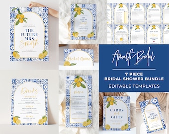 Bridal Shower Signs, Bridal Shower Bundle, 7 piece set, Modern Bridal Shower, Printable Editable Templates #090 Amalfi Mediterranean