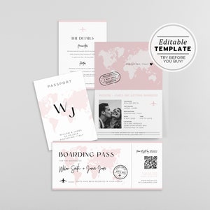 Amelia Blush Passport Wedding Invitation Template Suite, Ensemble de faire-part de mariage sur le thème du voyage, Invitation de mariage aventure, Carte d&#39;embarquement