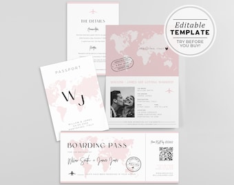 Amelia Blush Passport Wedding Invitation Template Suite, Travel Themed Wedding Invitation Set, Adventure Wedding Invite, Boarding Pass