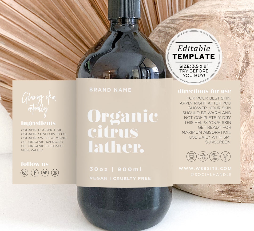 Minimalist Custom 30oz Bottle Wrap Around Label 900ml 3.5x9 EDITABLE