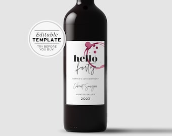 HELLO FORTY Red Wine 40th Birthday Party Wine Label Template | Editable Template, Printable #066