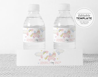 Miss Polly Watercolor Unicorn Theme Birthday Party Water Bottle Wrapper, Printable Party Drink Labels | EDITABLE TEMPLATE #083