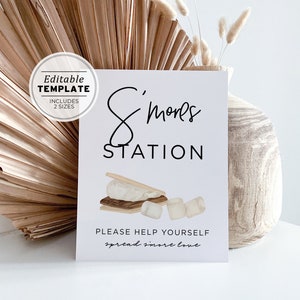 May include: A printable sign with the text "S'mores Station" and a graphic of a s'more. The sign also includes the text "Please help yourself, spread s'more love."