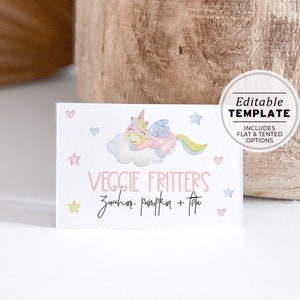 Miss Polly Einhorn Aquarell Tented Buffet Dish Namenskarten, Kinder Party Essen Karten | DRUCKBARE EDITIERBARE VORLAGE #083