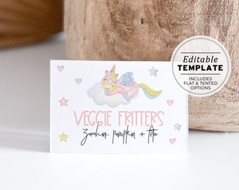 Miss Polly Unicorn Watercolor Tented Buffet Dish Name Cards, Kids Party Food Cards | PRINTABLE EDITABLE TEMPLATE #083