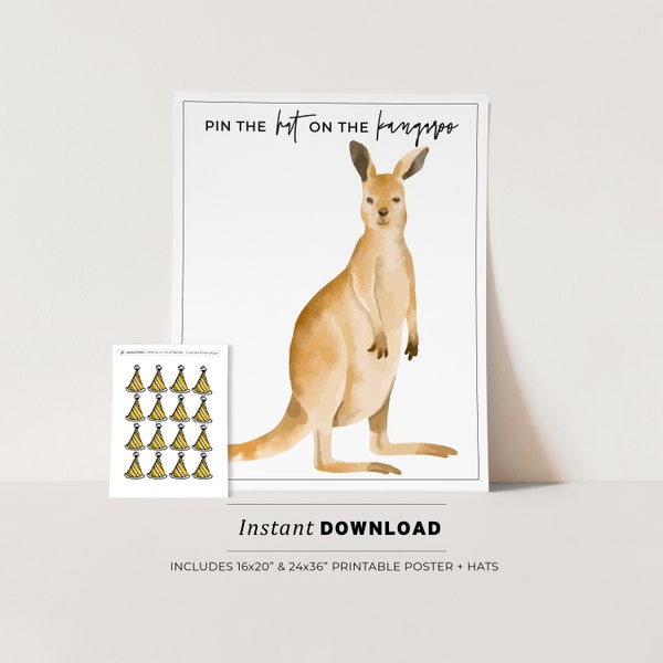 Pin the Hat on the Kangaroo Kids Party Game Printable Poster, Birthday Party Game, INSTANT DOWNLOAD