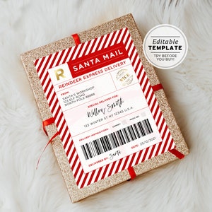 Etiqueta de envío de Santa Mail al Polo Norte, plantilla de calcomanías de Santa Mail editables, etiqueta de regalo de Navidad imprimible, etiqueta de regalo de Santa Claus