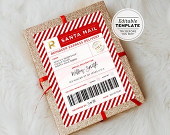 Santa Mail North Pole Shipping Label, Editable Santa Mail Stickers Template, Printable Christmas Gift Tag, Santa Claus Gift Label