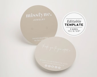 Editable Round Earring Display Card Template, 3 Sizes - 2/2.5/3" #053 #043 Scandi Minimalist