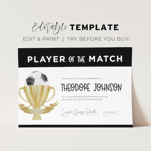 Certificado de Jugador de Fútbol Minimalista del Partido, Jugador de Fútbol del Partido, MVP, Premio al Jugador de la Semana / PLANTILLA EDITABLE #077