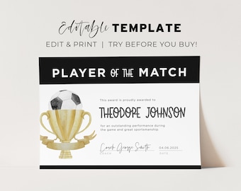 Minimalist Football Player of the Match Certificate, Football Player of the Match, MVP, Player of the Week Award | EDITABLE TEMPLATE #077