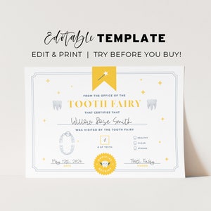 Certificado editável da fada do dente, amarelo canário, modelo de nota da fada do dente do bebê Mini carta | MODELO EDITÁVEL