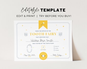 Editable Tooth Fairy Certificate, Canary Yellow, Baby Tooth Fairy Note Template Mini letter | EDITABLE TEMPLATE