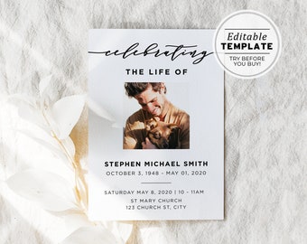 Memorial Invitation Printable, Celebration of Life Template, Funeral Invite | EDITABLE TEMPLATE