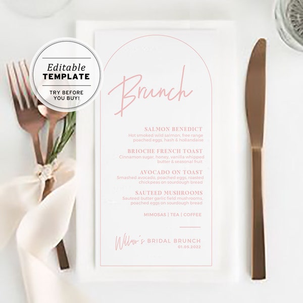 Modèle de menu de douche nuptiale minimaliste de Blush Arch, menu imprimable de brunch de poules #037