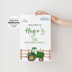 Minimalist Green Tractor Theme Birthday Welcome Sign Poster | EDITABLE TEMPLATE, Printable #058