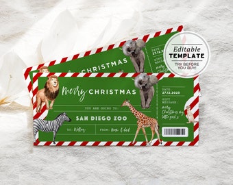 Printable Zoo Ticket Christmas Gift Voucher, Zoo Ticket Gift Certificate, Zoo Christmas Gift Coupon | EDITABLE TEMPLATE #082 #093