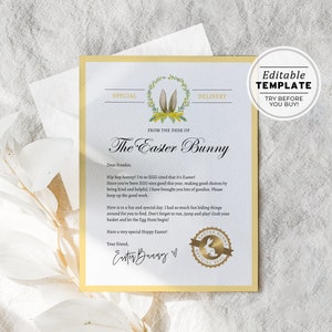Carta de coelhinho da Páscoa para impressão, certificado de ovo-célula do coelhinho da Páscoa, da mesa do coelhinho da Páscoa | MODELO EDITÁVEL #099