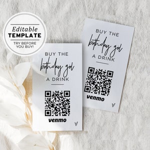 Compra una bebida para la cumpleañera Tarjeta Venmo, Paypal, código QR, plantilla de tarjeta de Cash App / PLANTILLA EDITABLE Juliette #004