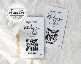 Buy the Birthday Girl a Drink Venmo Card, Paypal, QR Code, Cash App Card Template | EDITABLE TEMPLATE Juliette #004