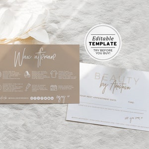 Nue Minimalist Wax Aftercare and Appointment Card, Editable AfterCare Card | EDITABLE TEMPLATE #052 #043
