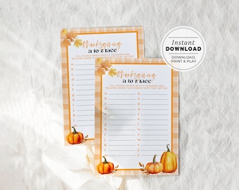 Thanksgiving A to Z Race Game, Thanksgiving Family Game | INSTANT DOWNLOAD #106