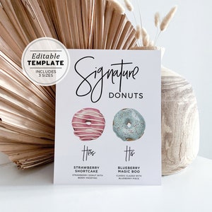 Juliette Minimalist His and Hers Donut Bar Sign Template - Pick from 88+ Watercolor Illustrations, EDITABLE TEMPLATE, Printable #004