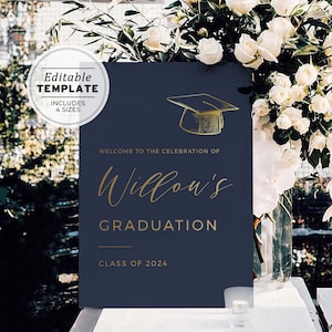 Graduation Party Welcome Sign, Class of 2024, Minimalist Grad Party Sign, Graduation Party Decor, Printable Editable Template #012 Navy&Gold