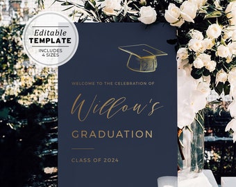 Graduation Party Welcome Sign, Class of 2024, Minimalist Grad Party Sign, Graduation Party Decor, Printable Editable Template #012 Navy&Gold