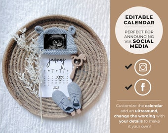 Zara Due Date Calendar, Digital Pregnancy Announcement Calendar, Social Media Pregnancy Announcement, EDITABLE TEMPLATE