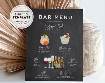 Bar Menu Template, Chalkboard Editable Drink Menu, Minimalist Printable Bar Menu, Signature Cocktails Menu Sign, 120+ Drinks Images  #004