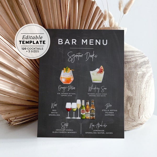 Plantilla de menú de bar, menú de bebidas editable en pizarra, menú de bar imprimible minimalista, letrero de menú de cócteles exclusivos, más de 120 imágenes de bebidas #004